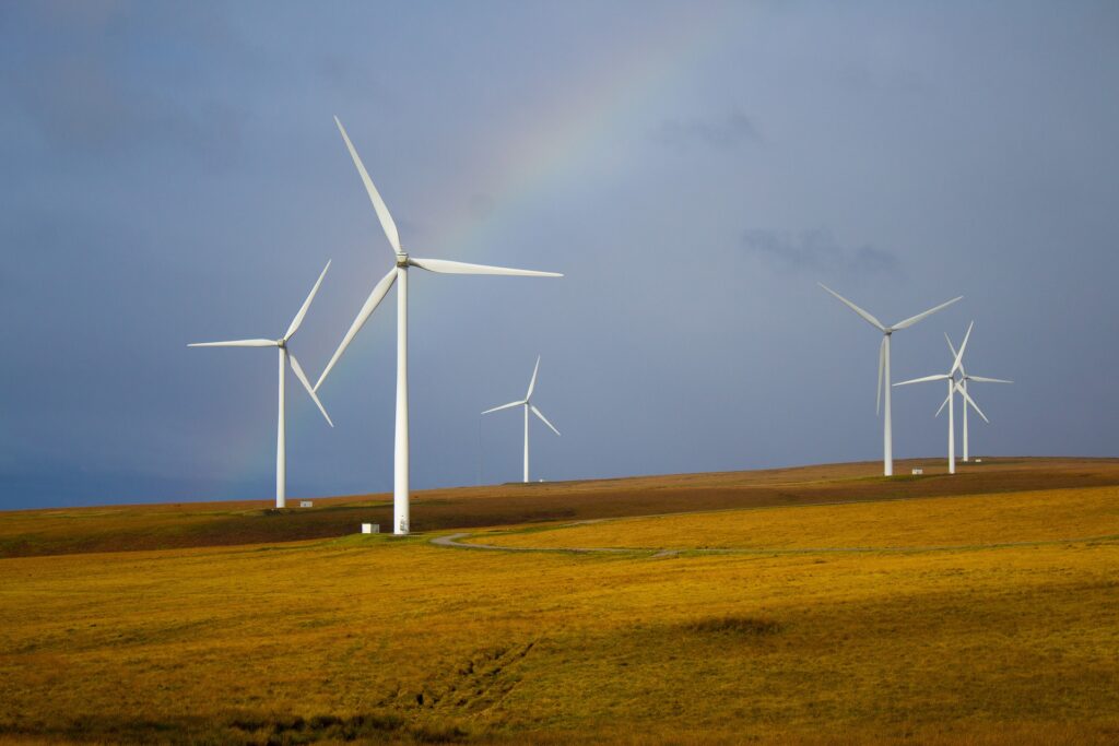 Windmills in a field with a rainbow over them