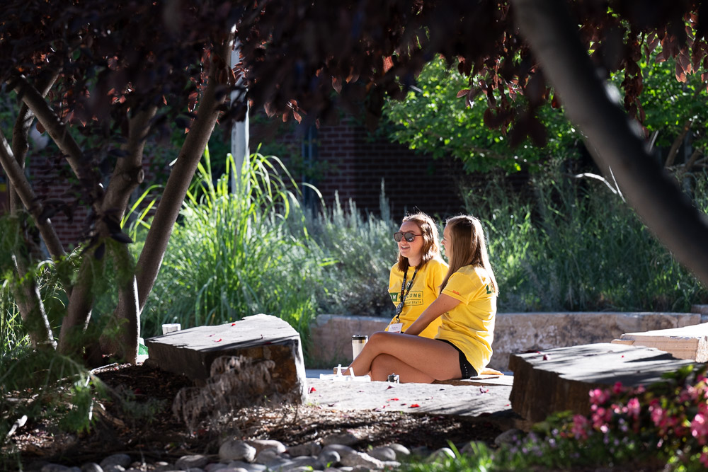 CSU students sit on rocks under trees and talk during move-in