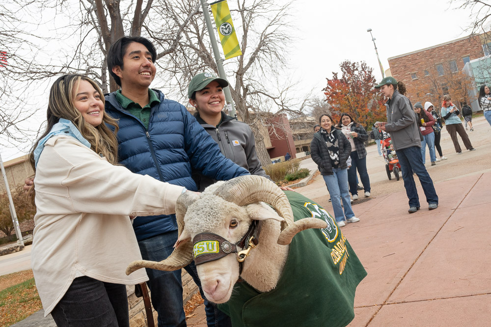 Three CSU students pose with CAM the Ram for a photo