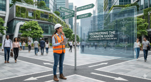 Engineer in a hard hat and safety vest in the middle of an intersection.